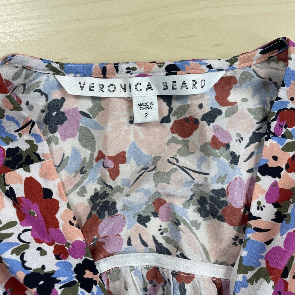 Veronica Beard Marla Ruched Floral Dress Short Flutter Sleeves Silk Blend Size 2 - Picture 8 of 14